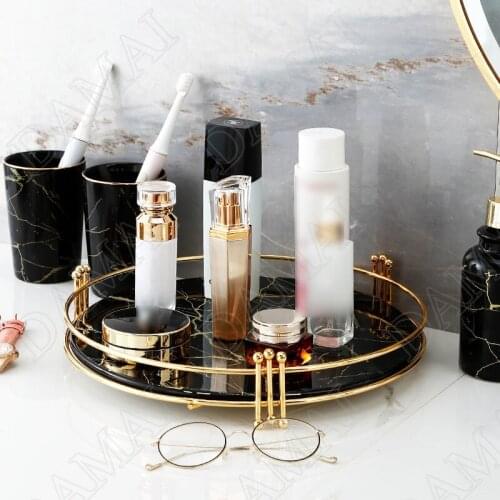 European Mirror Storage Trays Marble Texture Decoration Cosmetic Container Metal Frame Perfume Organizer Home Decoration Modern