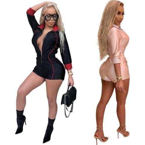 Short Playsuit Women Black Casual Jumpsuits Long Sleeve Zipper Front Shorts Rompers for Women Fashion Summer Jumpsuits Overalls