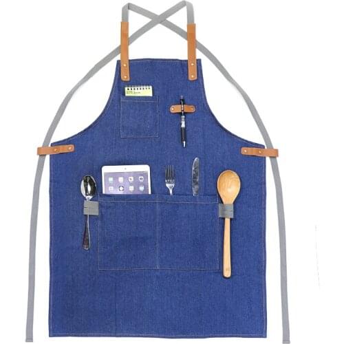 New Blue Denim Aprons Uniform Unisex Jeans Aprons Mens Ladys Kitchen Cooking Gifts With Leather Blet