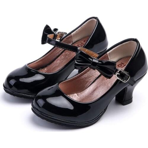 Solid Pink Black Red Hight Heels Shoes for Girls Children Princess Shoes Girls Bowtie Slip on Party Dance Sandals for Girls Kids