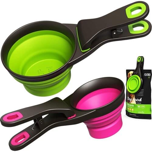 Pet Food Scoop Clip Folding Silicone Measuring Cup Bag Clip Dog Bowl Feeder Portable Pet Food Container Water Snack Travel Bowl
