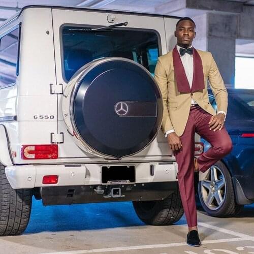 Gold Jacket Burgundy Pants Mens Tuxedos One Button Shalw Lapel Slim Fit Wedding Suit Custom Made Blazer