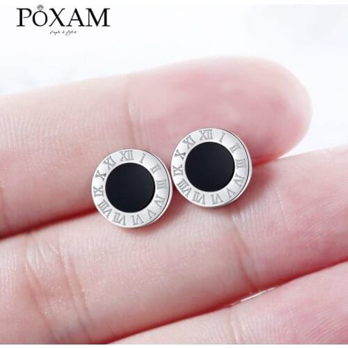 POXAM Korean Round Crystal Stud Earrings For Women Man Stainless Steel Roman Numeral Small Earrings Lady 2019 Fashion Jewelry
