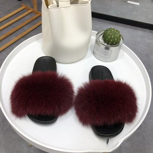 Fur slippers Real Fur ladies flip flops plush fox fur sandals fluffy plush flat slippers summer indoor and outdoor general purpo