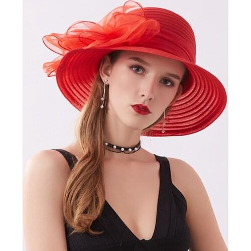 Fashion woman lady spring summer bow hat organza travel sun hat organza bow bucket hat