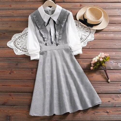 Spring Cotton Linen Dress Women Long Sleeve faux two pieces Vintage Dresses