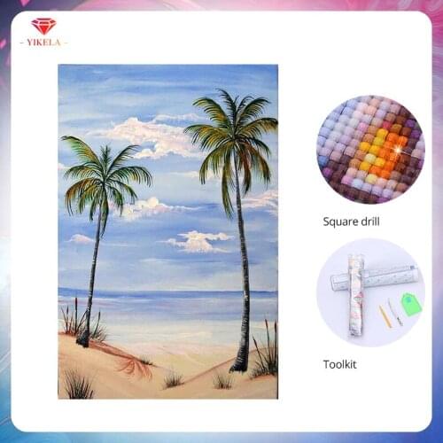 YIKELA DIY Beach Tree Diamond Painting 5D Scenic Mosaic Painting Diamond Embroidery Full Drill Painting Cross Stitch Wall Kit