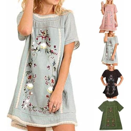 Boho Women Solid Color Short Sleeve Floral Embroidery Loose Blouse Mini Dress