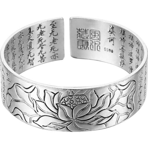 Lotus Sutra 925 Sterling Silver Cuff Bracelets Bangles Tibetan Buddhist Scriptures Language Female Hand Jewelry