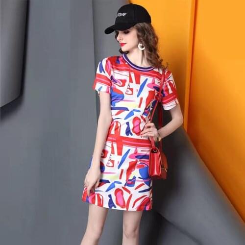 Printed Long T-Shirt Skirt Summer New 2021 European Womens Fashion Casual Round Neck Short Sleeve Dress Tide