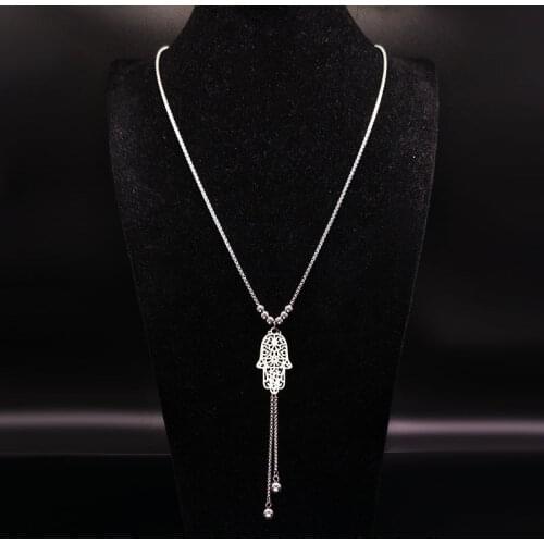 2021 bohemian Stainless Steel Hamsa Hand Necklaces Women Silver Color Butterfly Long Statement Necklace Jewelry collares N17982