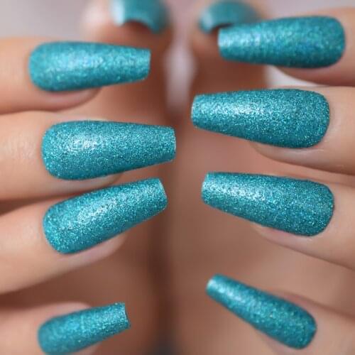24pcs Dazzle Holographic Turquoise Glitter Press On Nails Long Coffin Acrylic Nails