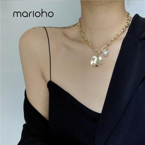 Marioho Fashion Geometry Irregular Round Pendant Pearl Necklace U Shaped Clavicle Chain Sweater Chain For Women Men Jewelry Gift