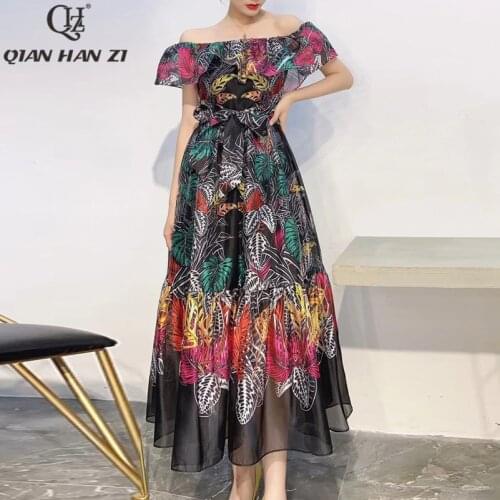 Qian Han Zi designer fashion Summer sexy long dress Women Slash neck vintage pattern printing Party Maxi dress