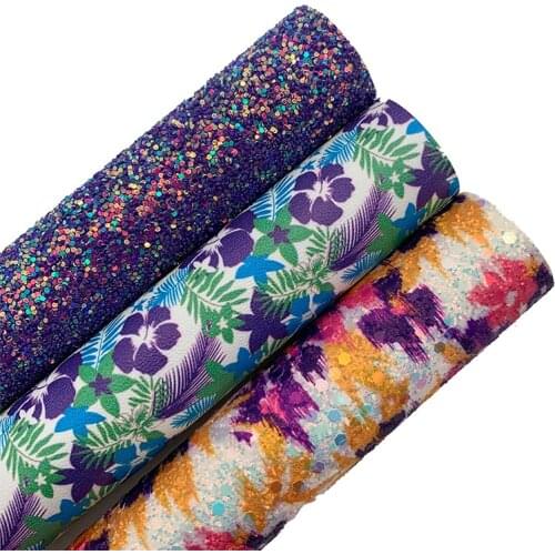 Purple Chunky Glitter Leather Fabric Flowers Printed Synthetic Leather Vinyl Leather Sheets For BOWS DIY 21X29CM G574