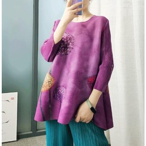 HOT SELLING Miyake fashion fold three quarter T-shirt o-neck print Dandelion T-shirt IN STOCK