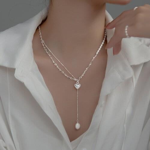 Asymmetry Necklace real. 925 Sterling Silver Multilayer baroque Pearl Heart Pendant "Y" lariat necklace Long Tassel C-D8510