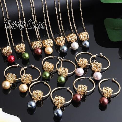 Cring Coco Jewelry Sets Hawaiian Multi-color Pearl Hoop Earrings Gold Plated Polynesian Plumeria Pendant Necklaces Set for Women
