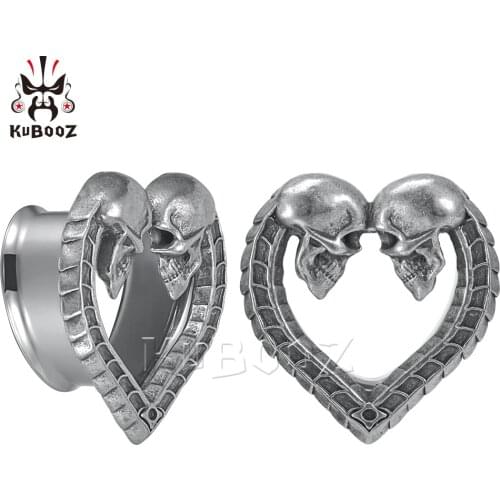KUBOOZ New Trendy Stainless Steel Heart Skull Head Ear Piercing Tunnels Expanders Body Jewelry Earring Gauges Stretchers 2PCS
