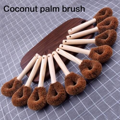 Kitchen Long Handle Pot Brush Coir Coconut Fiber Cup Kettle Mugs Cleaning Brush with Hook