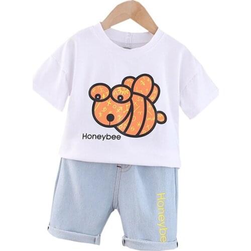 Newborn 2021 Summer Clothes Sets Baby Boys Girls Cute Cartoon Honeybee Cotton T-shirt+denim Shorts Infant Fashion Clothing Suits