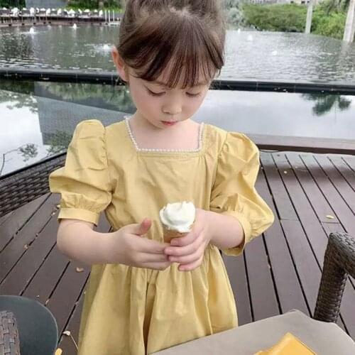 Summer New Girls' Dresses 2021 Princess Party Pearl Square Collar Princess Dress Baby Korean Short-Sleeved ChildrenS Clothing
