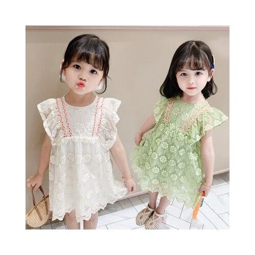 Girls' summer dresses new fashion stitching lace flower childrens princess dresses childrens clothes