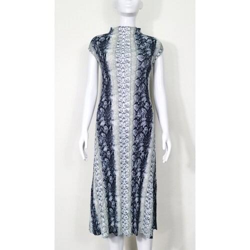 HOT SELLING Miyake Fashion fold sleeveless painting print stand neck dress IN STOCK