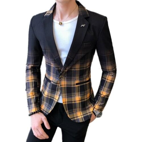 Men Plaid Blazer 2021 Spring Fashion Contrast Color Grid Pattern Suit Jakect Splicing Slim Casual Male Dress Coat