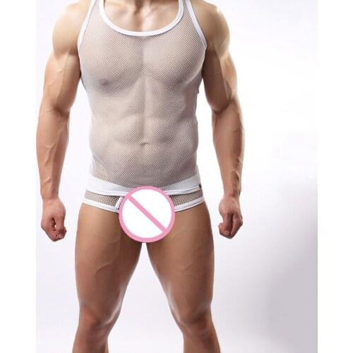 2018 Brand New Mens Undershirt Men Vest Men Transparent Sleep Wear Fashion Mesh Undershirts Underwear For Men Plus Size M L XL