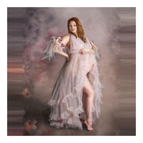 2021 New In Tulle Pregnancy Gown Detachable Sleeves Flower Handmade Tiered Tuffles Pleated V Neck Plus Size Maternity Dress