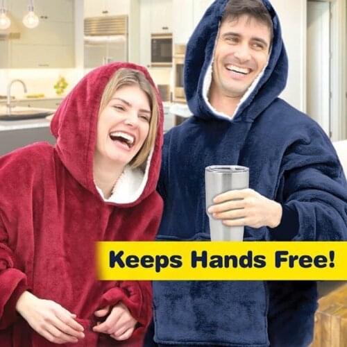 Solid Color Gray TV Blanket with Sleeves Women Oversize Warm Hoodie Blanket Flannel Wearable Blanket with Pocket