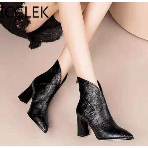 Sexy Womens Ankle Boots Pointed Toe High Heels Pumps Autumn Winter Night Club Shoes Woman Square Heel Black Boots Fur Boots