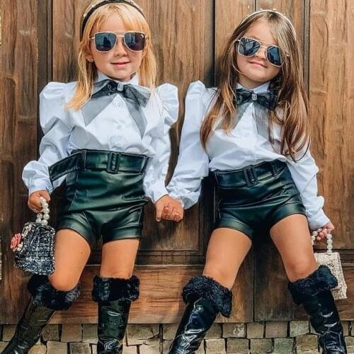 Toddler Baby Girls' Shirt and Shorts Set Bubble Long Sleeve Button Collar Upper Clothes Shoulder Pad Leather Black Hemmed Pants