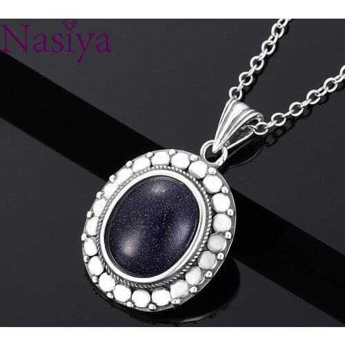 S925 Sterling Silver Pendant Necklace Vintage Jewelry Large Oval 10*12 Moonstone Blue Sandstone Necklace Engagement Party Gift