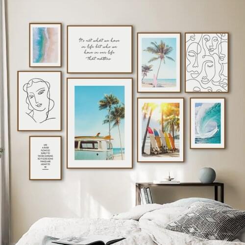 Sunshine Beach Surfboard Line Art Face Abstract Wall Art Canvas Painting Nordic Posters And Prints Wall Pictures For Living Room