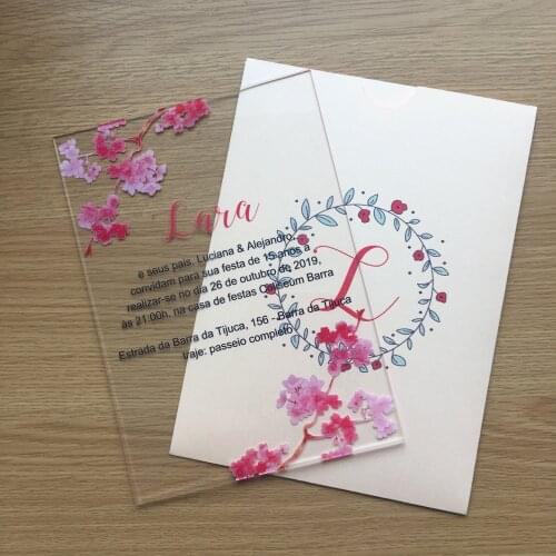 10pcs wedding invitation card cherry flower printing colorful words elegant acrylic card wholesale price