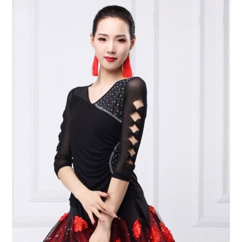 2019Latin Dance Tops Women Sexy Rhinestone Dress Black/Red/Blue Dancing Tops Ladies Latin Dance Clothes Women Dance WearVDB259