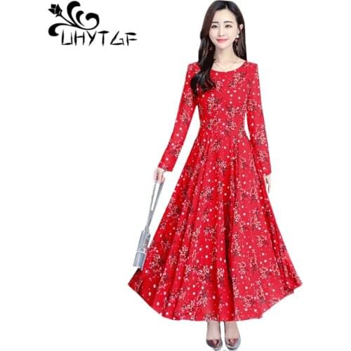UHYTGF Fashion beach dress womens chiffon long-sleeved autumn dress female printed pullover temperament elegant long dresses 934