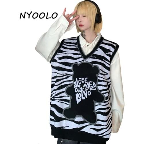 NYOOLO Vintage Streetwear Zebra Pattern Cartoon Letters Jacquard V-Neck Sleeveless Knitted Pullovers Sweaters Vest Women Men Top