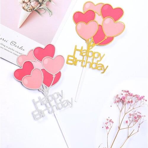 Balloons Happy Birthday Cupcake Topper Love Heart I Love You Wedding Cake Topper Flags For Girls Birthday Party Cake Decorations