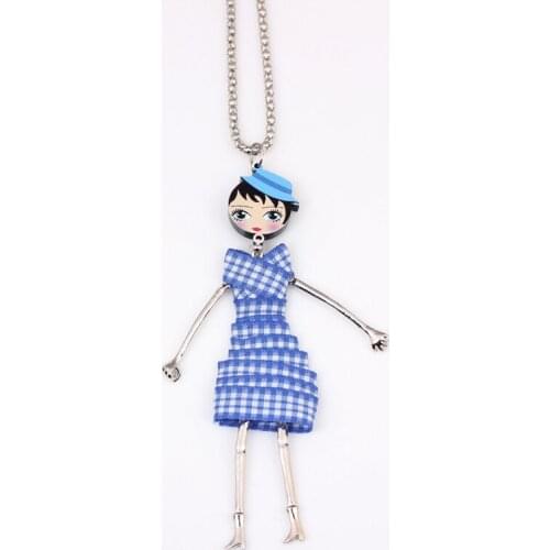Bonsny unique blue dress fashion lovely new 2016 acrylics cloth girls figures necklace & pendant for woman Free shipping