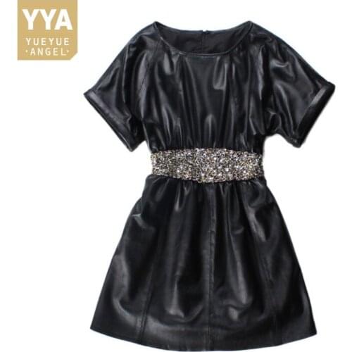 Women Sheepskin Genuine Leather Dress Casual O Neck Elegant Short Sleeve A Line Dress Luxury Diamond Elastic Waist Ladies Dress