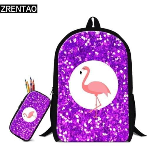 ZRENTAO backpack polyester mochilas mochila+ Pencil bags flamingo print pupil 2 PCS/Set le cartable for primary school student