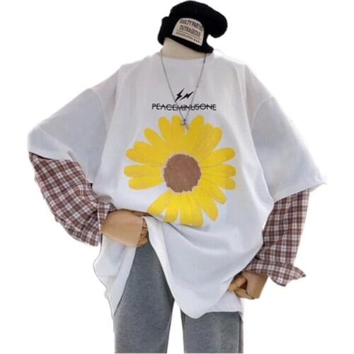 Zuolunouba 2020 New Korean Women Black White Short Sleeve T-shirt Loose Flower Print Round Neck Clothes Girl Bottoming Tops