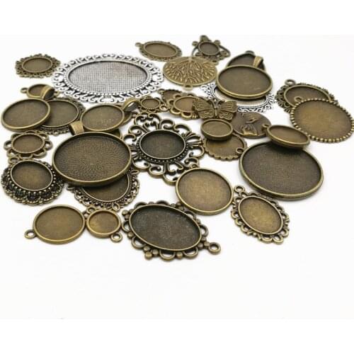 100Gram/lot Mix Design~Antique Bronze and Antique Silver Metal pendant blank Cameo cabochon base setting jewelry accessories