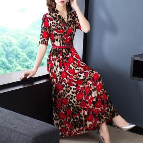 2021 New Fashion Womens Chiffon Print Dress Female Casual Style Summer V-Neck Dresses