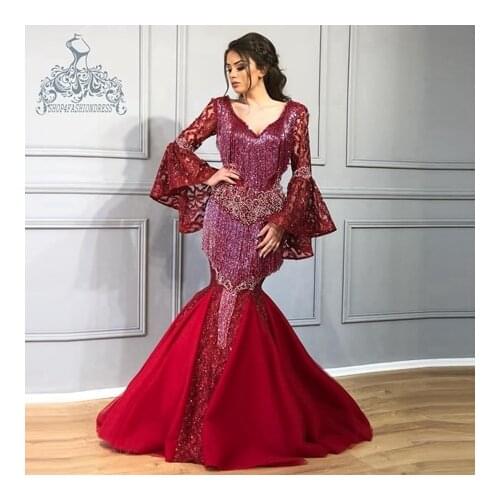 Shiny Beading Tassel Ruffles Mermaid Prom Gowns With Flare Sleeves Luxury Crystals Sequin Tulle Dubai Saudi Arabia Prom Gowns