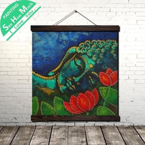 Buddha Water Lily Scroll Painting Canvas Vintage Poster and Prints Wall Art Picture Living Room Bedroom Farmhouse Decoration