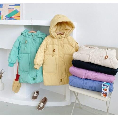 Kids Winter Jackets 2020 New Korean Fashion Solid Warm Hooded Down Jacket for Baby Boy 3-8 Years Girls Long Thicken Down Coat